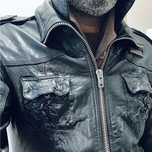 SuperDry double collar Black Leather Military biker Jacket. Large